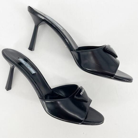 Prada Black Brushed Leather Padded Logo 75mm Open Toe Sandal Mule size IT 40 - Picture 4 of 12
